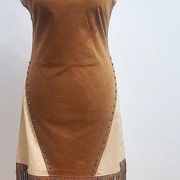 Designer Two Tone Suede Studded Fringe Midi Dress - Picture 7 of 7